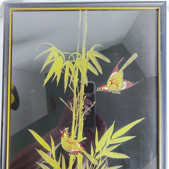 Vtg Asian Chinoiserie Bamboo & Birds Brush Painting on Silk In Black Gold Frame - Picture 15 of 15